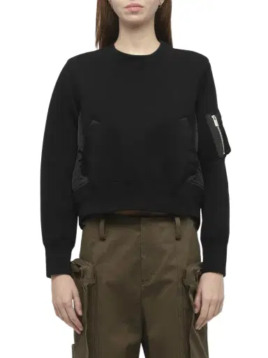 Sacai Sponge Sweat x Nylon Twill Pullover in Black/black | Thumbnail 1 Sacai Sponge Sweat x Nylon Twill Pullover in Black/black | Thumbnail 1