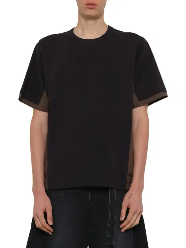Sacai Cotton Typewriter x Jersey T-shirt in Navy/taupe