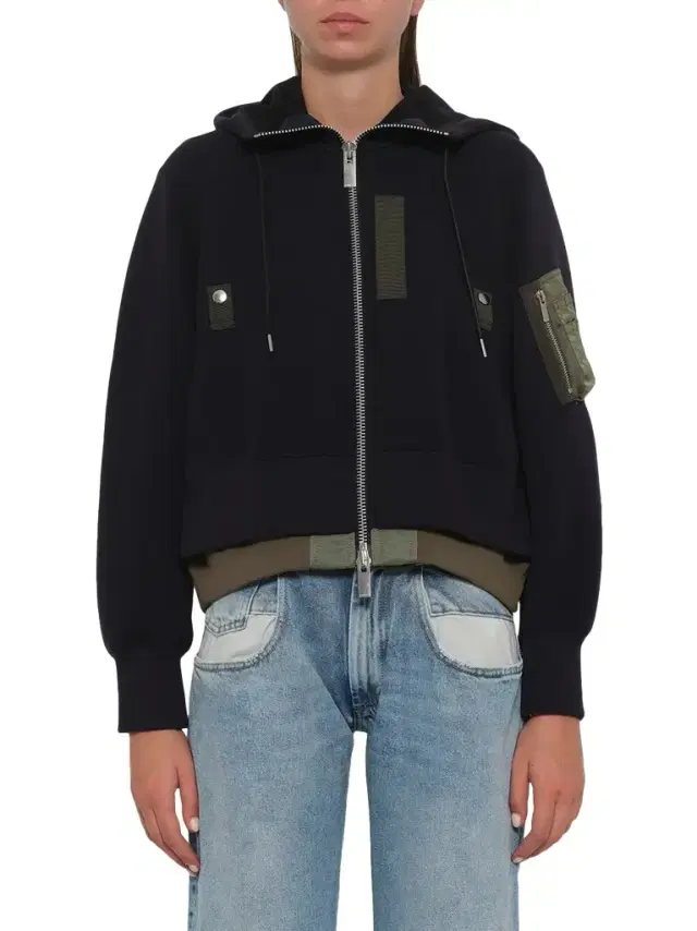 Sacai Sponge Sweat x Nylon Twill Small Hoodie in Navy/khaki Navy