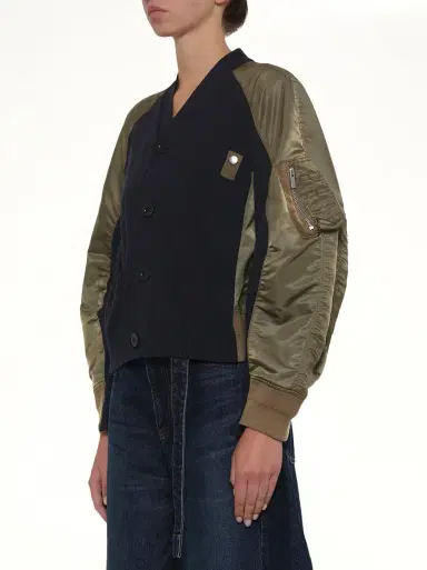 Sacai Nylon Twill x Knit Cardigan in Navy/dark Khaki | Thumbnail 2
