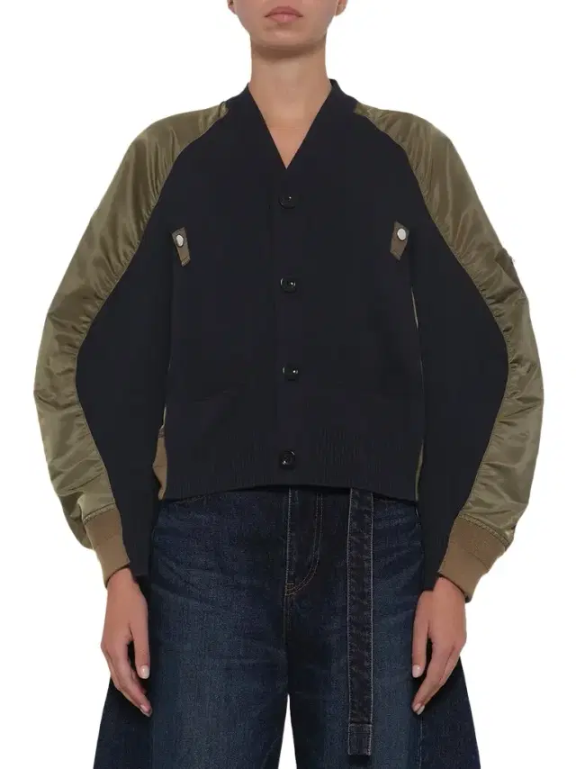 Sacai Nylon Twill x Knit Cardigan in Navy/dark Khaki