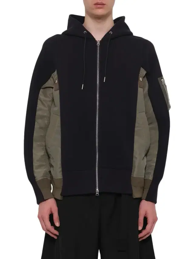 Sacai Sponge Sweat x Nylon Twill Zip Hoodie in Navy/khaki