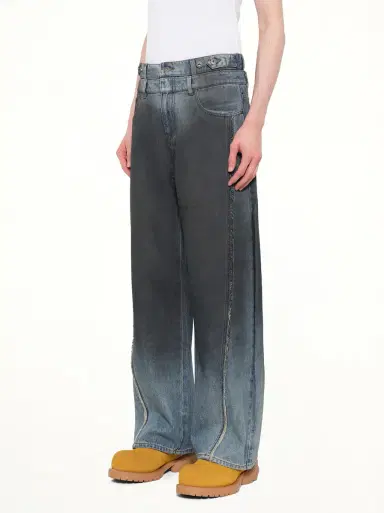FENG CHEN WANG Double Waist Gradient Denim Trousers in Blue/black Blue | Thumbnail 2