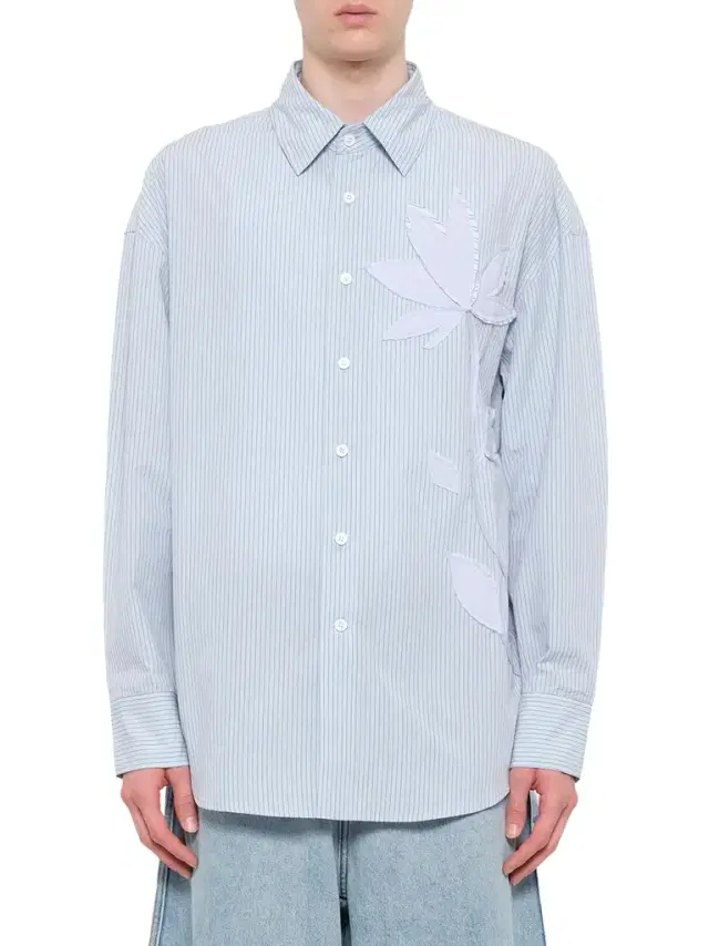 FENG CHEN WANG Plants Patched Shirt in Blue Stripe