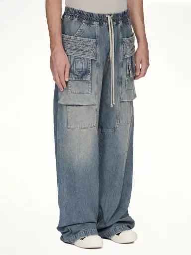 RICK OWENS DRKSHDW Creatch Wide Cargo Drawstring in Washed Indigo Blue | Thumbnail 4