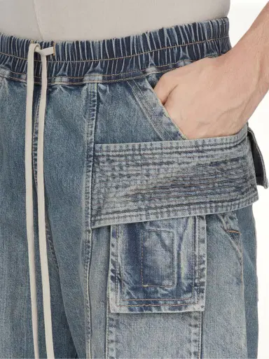 RICK OWENS DRKSHDW Creatch Wide Cargo Drawstring in Washed Indigo Blue | Thumbnail 6
