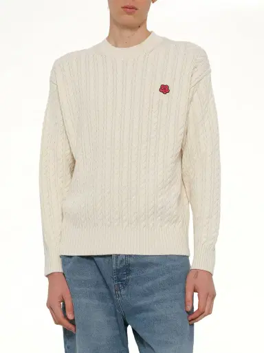 KENZO Boke Flower Cable Knit Jumper in Ecru Beige | Thumbnail 6