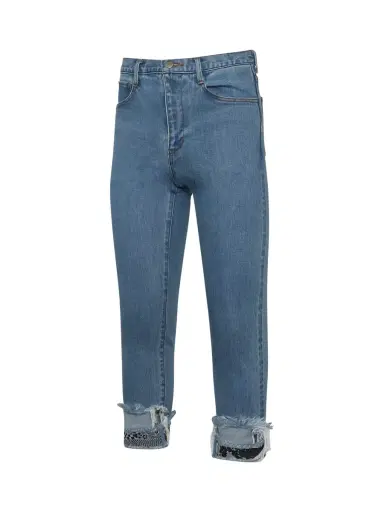 FACETASM Cropped Print Denim Pants in Indigo Blue | Thumbnail 3