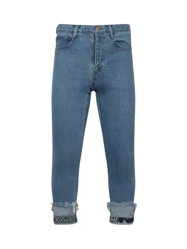FACETASM Cropped Print Denim Pants in Indigo Blue | Thumbnail 1