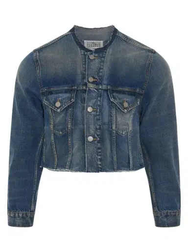 Maison Margiela Cropped Collarless Denim Jacket | Thumbnail 1 Maison Margiela Cropped Collarless Denim Jacket | Thumbnail 1