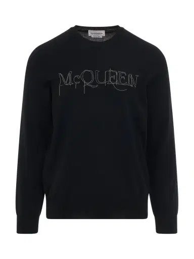 Alexander McQueen Chain Embroidered Knit Sweater in Black/silver | Thumbnail 1 Alexander McQueen Chain Embroidered Knit Sweater in Black/silver | Thumbnail 1
