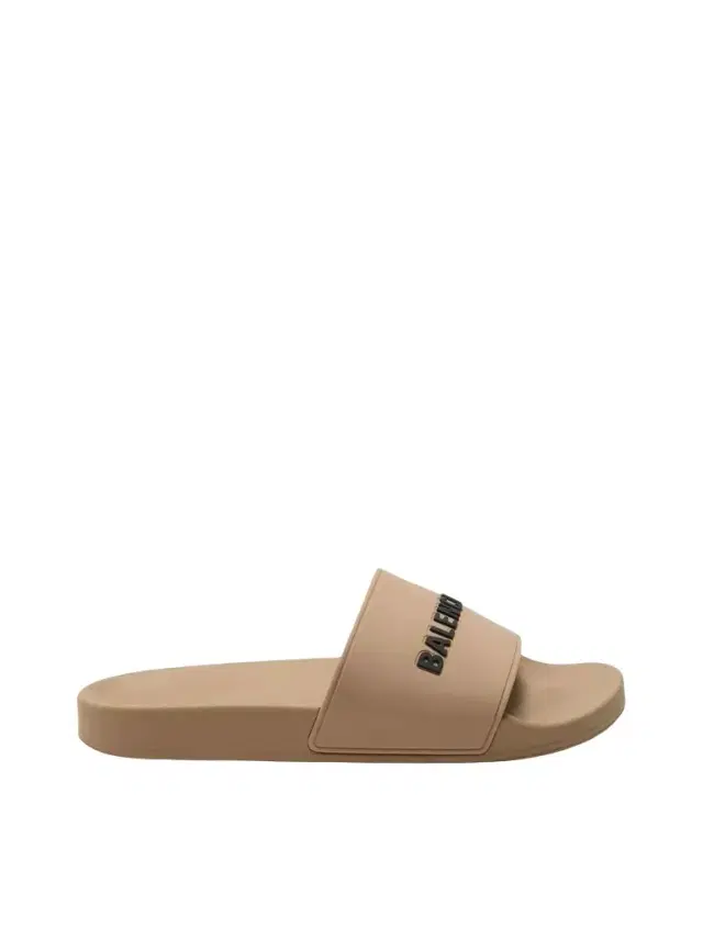 Balenciaga 3D Logo Rubber Pool Slide Sandal in Beige/black