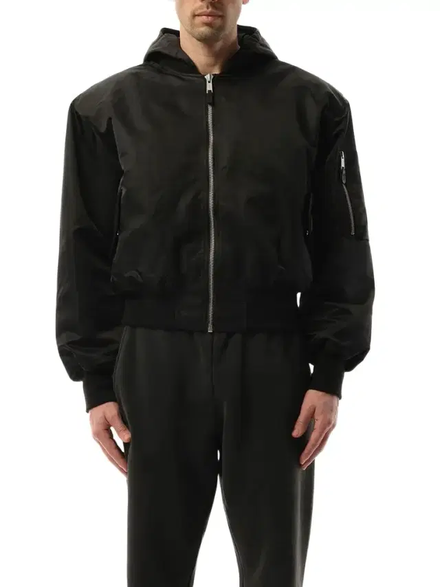 Entire Studios Hooded Broad Bomber Jacket in Oil Black