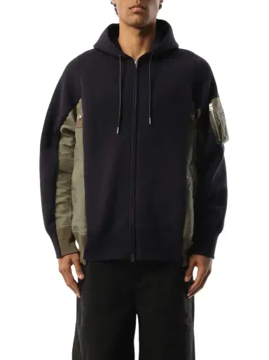 Sacai Sponge Sweat Nylon Twill Zip Hoodie in Navy/khaki | Thumbnail 1 Sacai Sponge Sweat Nylon Twill Zip Hoodie in Navy/khaki | Thumbnail 1