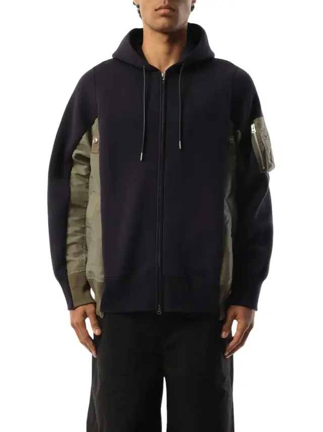 Sacai Sponge Sweat Nylon Twill Zip Hoodie in Navy/khaki