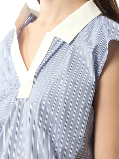 Sacai Cotton Poplin Polo Shirt in Light Blue Stripe | Thumbnail 2 Sacai Cotton Poplin Polo Shirt in Light Blue Stripe | Thumbnail 2