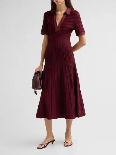 Milly Women's Dylan Johnny-Collar Ribbed Midi Dress | Thumbnail 4