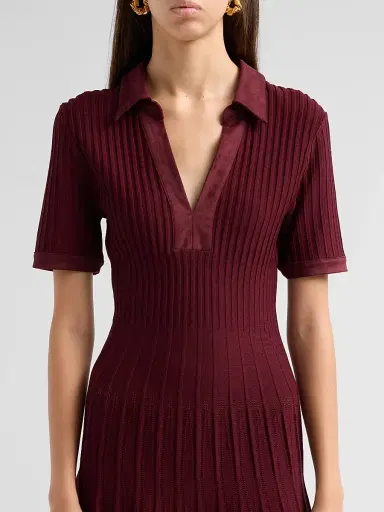 Milly Women's Dylan Johnny-Collar Ribbed Midi Dress | Thumbnail 5