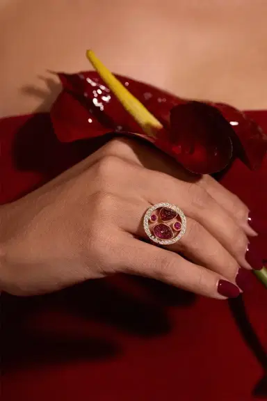 CLARA CHEHAB Pink Sapphire Diamond Garnet Full Moon Halo Ring | Thumbnail 2 CLARA CHEHAB Pink Sapphire Diamond Garnet Full Moon Halo Ring | Thumbnail 2