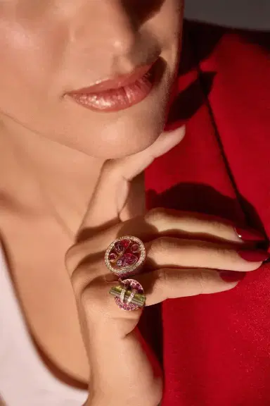 CLARA CHEHAB Pink Sapphire Diamond Garnet Full Moon Halo Ring | Thumbnail 4 CLARA CHEHAB Pink Sapphire Diamond Garnet Full Moon Halo Ring | Thumbnail 4