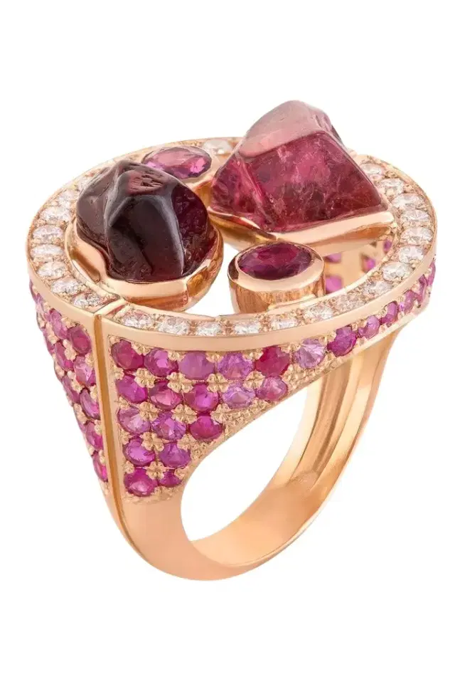 CLARA CHEHAB Pink Sapphire Diamond Garnet Full Moon Halo Ring