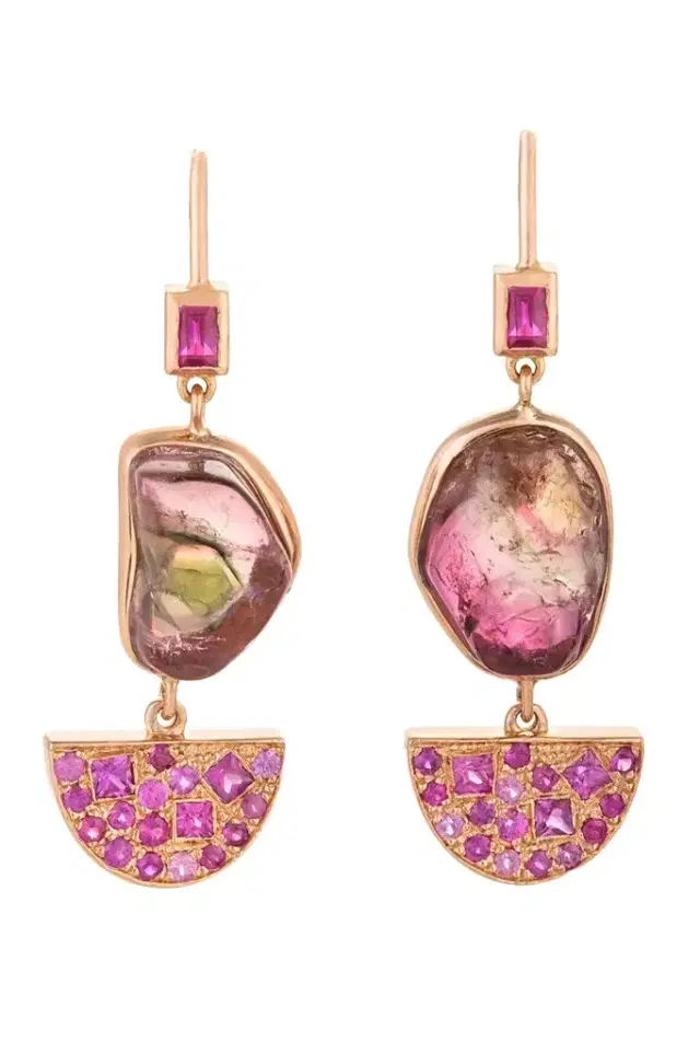 CLARA CHEHAB Pink Sapphire Watermelon Tourmaline Half Moon Drop Earrings