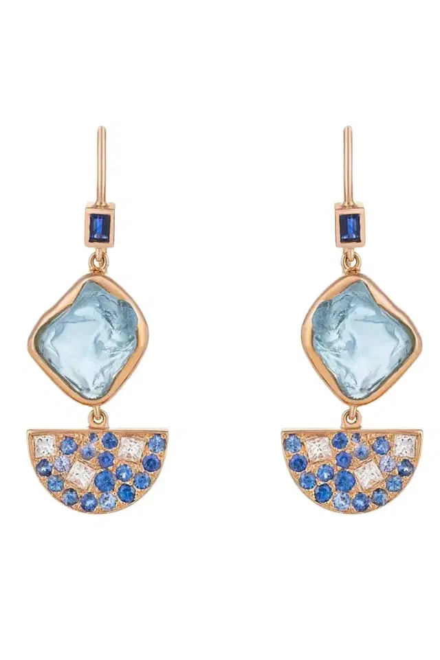CLARA CHEHAB Sapphire Diamond Aquamarine Half Moon Drop Earrings