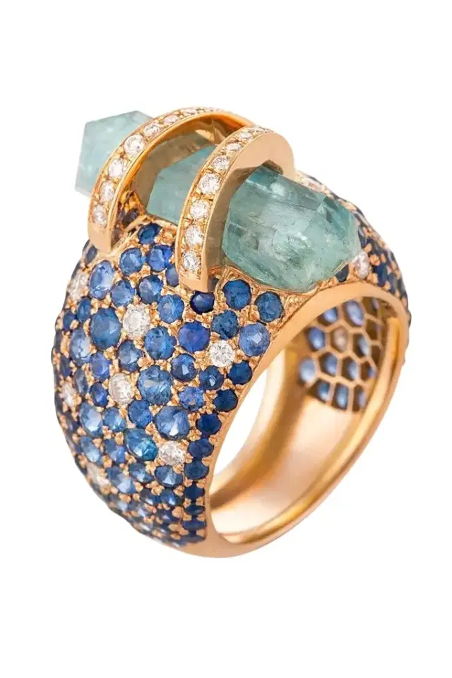 CLARA CHEHAB Sapphire Diamond Aquamarine Lunar Bombee Ring