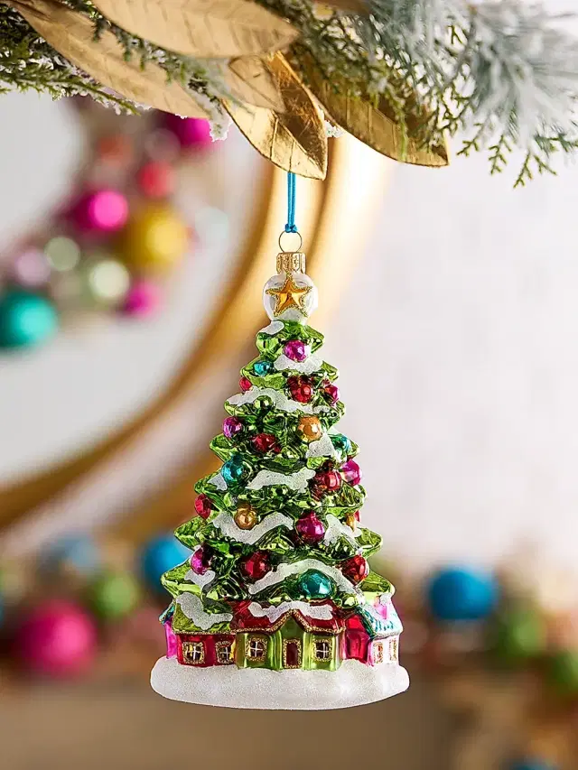 Glassware Art Studio Tree With Little Houses Glass Ornament