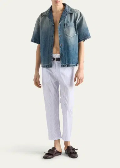 Prada Men's Denim Boxy-Fit Bowling Shirt | Thumbnail 2