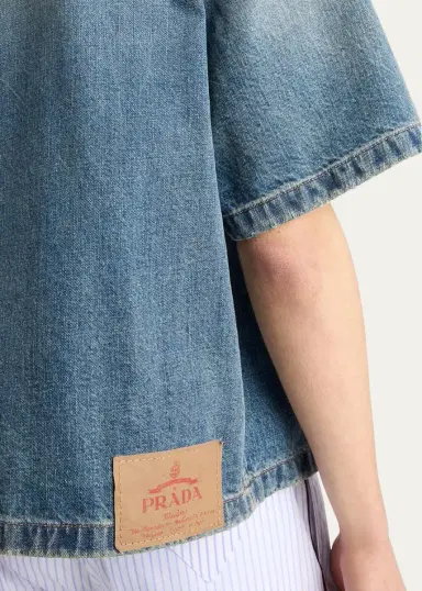 Prada Men's Denim Boxy-Fit Bowling Shirt | Thumbnail 4