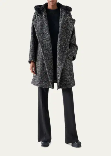 Akris Lamb Shearling Collar Double-Breasted Wool Herringbone Coat | Thumbnail 2