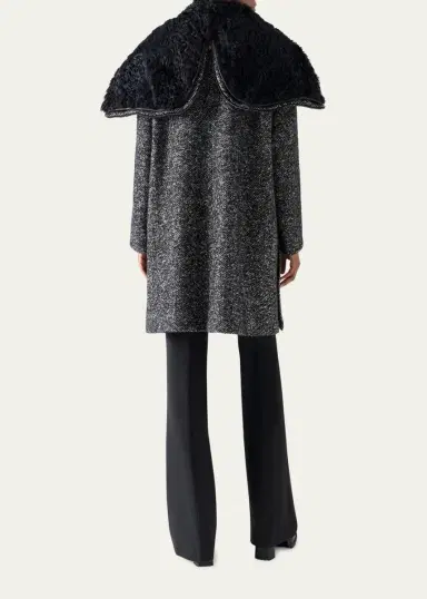 Akris Lamb Shearling Collar Double-Breasted Wool Herringbone Coat | Thumbnail 3