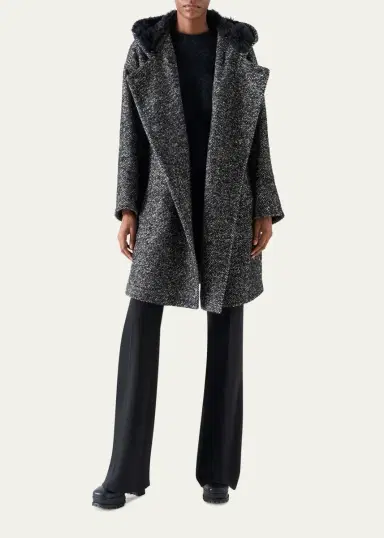 Akris Lamb Shearling Collar Double-Breasted Wool Herringbone Coat | Thumbnail 4