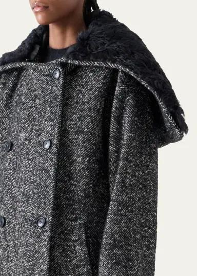 Akris Lamb Shearling Collar Double-Breasted Wool Herringbone Coat | Thumbnail 5