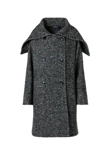 Akris Lamb Shearling Collar Double-Breasted Wool Herringbone Coat | Thumbnail 1