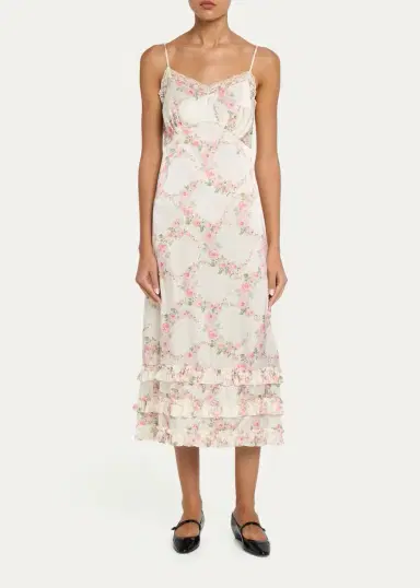 Simone Rocha Floral Satin Tiered Ruffle Midi Slip Dress | Thumbnail 2 Simone Rocha Floral Satin Tiered Ruffle Midi Slip Dress | Thumbnail 2