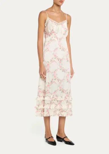 Simone Rocha Floral Satin Tiered Ruffle Midi Slip Dress | Thumbnail 4 Simone Rocha Floral Satin Tiered Ruffle Midi Slip Dress | Thumbnail 4