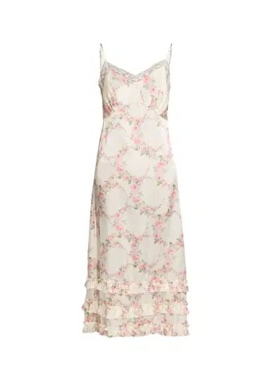 Simone Rocha Floral Satin Tiered Ruffle Midi Slip Dress | Thumbnail 1 Simone Rocha Floral Satin Tiered Ruffle Midi Slip Dress | Thumbnail 1