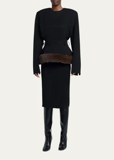 Stella McCartney Long-Sleeve Belted Faux-Fur Peplum Midi Dress | Thumbnail 2