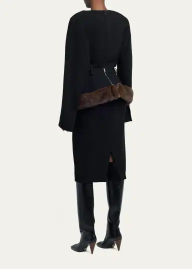 Stella McCartney Long-Sleeve Belted Faux-Fur Peplum Midi Dress | Thumbnail 3