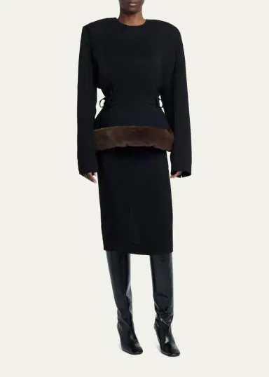 Stella McCartney Long-Sleeve Belted Faux-Fur Peplum Midi Dress | Thumbnail 4