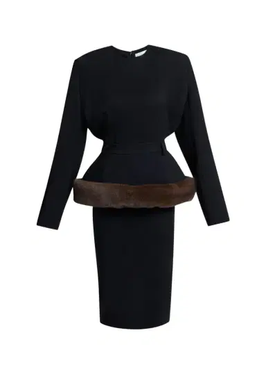 Stella McCartney Long-Sleeve Belted Faux-Fur Peplum Midi Dress | Thumbnail 1
