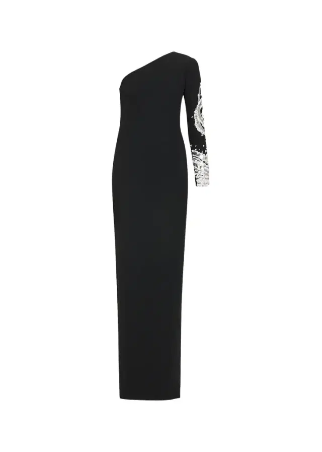 One-Shoulder Beaded Crepe Column Gown