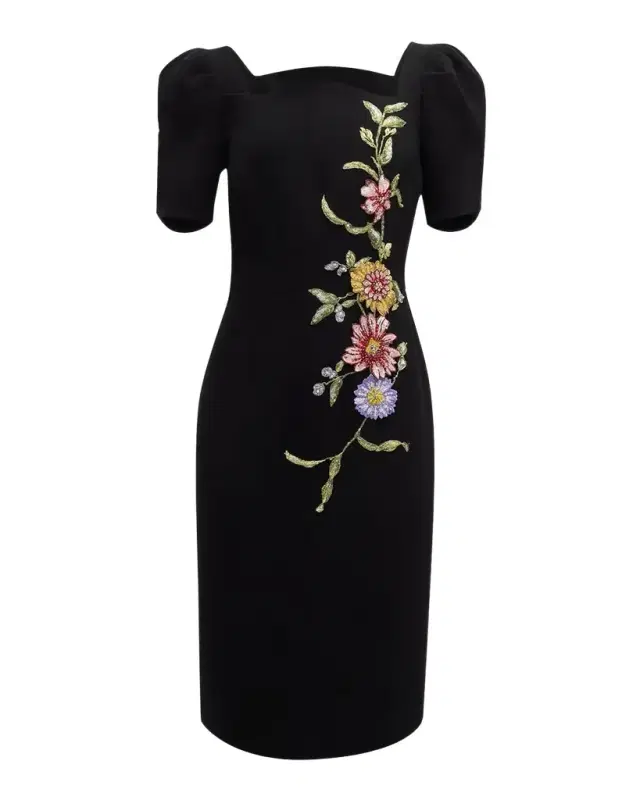 Rickie Freeman for Teri Jon Puff-Sleeve Floral Applique Dress
