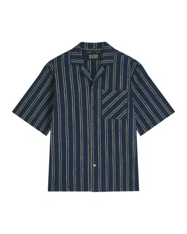 Scotch & Soda Men's Stripe Cotton and Linen Relaxed-Fit Short-Sleeve Shirt | Thumbnail 1 Scotch & Soda Men's Stripe Cotton and Linen Relaxed-Fit Short-Sleeve Shirt | Thumbnail 1