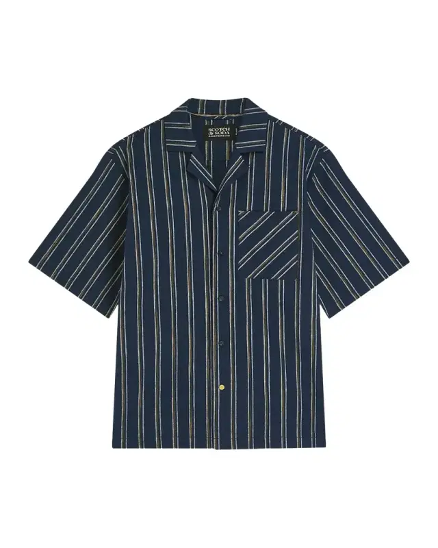 Scotch & Soda Men's Stripe Cotton and Linen Relaxed-Fit Short-Sleeve Shirt