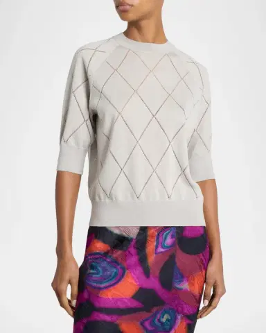 Dries Van Noten Diamond Knit Elbow-Sleeve Crewneck Sweater | Thumbnail 4 Dries Van Noten Diamond Knit Elbow-Sleeve Crewneck Sweater | Thumbnail 4