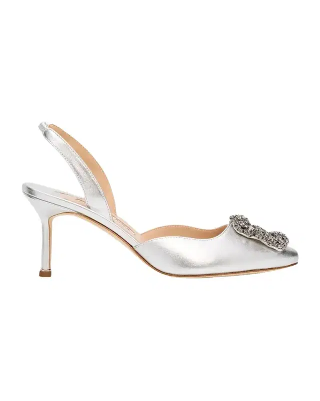 Manolo Blahnik 70mm Hangisli Metallic Leather Slingback Pumps with Crystal Buckle