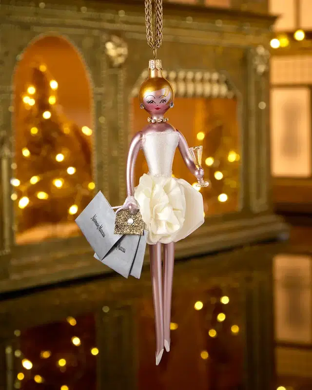 De Carlini NM Shopper Fashionista in Cream Rose Mini Dress Christmas Ornament